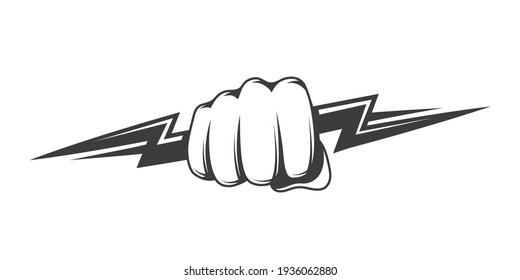 Fist and zipper isolated on white background. The hand clenched into a fist holds a lightning bolt. Power and energy concept. Vector illustration
