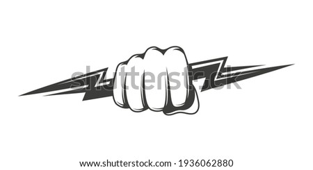 Fist and zipper isolated on white background. The hand clenched into a fist holds a lightning bolt. Power and energy concept. Vector illustration