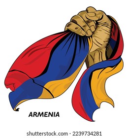 Fisted hand holding Armenian flag. Vector illustration of Hand lifted and grabbing flag. Flag draping around hand. Eps format