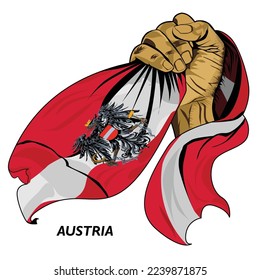 Fisted hand holding Austrian flag. Vector illustration of Hand lifted and grabbing flag. Flag draping around hand. Eps format