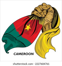 Fisted hand holding Cameroonian flag. Vector illustration of lifted Hand grabbing flag. Flag draping around hand. Eps format	