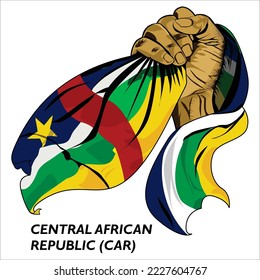 Mano de puño con la bandera republicana centroafricana. Ilustración vectorial de la bandera de la mano levantada. Bandera cubriendo la mano. Formato Eps	