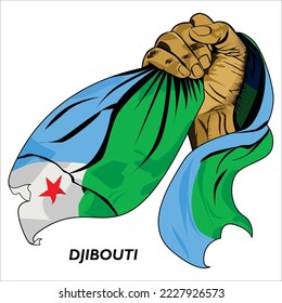 Fisted hand holding Djiboutian flag. Vector illustration of lifted Hand grabbing flag. Flag draping around hand. Scalable Eps format	