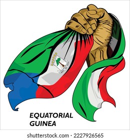 Fisted hand holding Equatorial Guinean flag. Vector illustration of lifted Hand grabbing flag. Flag draping around hand. Scalable Eps format	