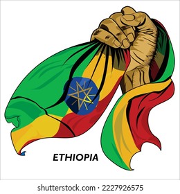 Fisted hand holding Ethiopian flag. Vector illustration of lifted Hand grabbing flag. Flag draping around hand. Scalable Eps format	