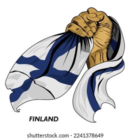 Fisted hand holding Finnish flag. Vector illustration of Hand lifted and grabbing Finns flag. Flag draping around hand. Eps format