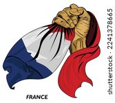 Fisted hand holding French flag. Vector illustration of Hand lifted and grabbing flag. Flag draping around hand. Eps format