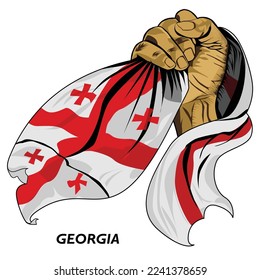 Fisted hand holding Georgian flag. Vector illustration of Hand lifted and grabbing flag. Flag draping around hand. Eps format