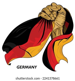 Fisted hand holding German flag. Vector illustration of Hand lifted and grabbing flag. Flag draping around hand. Scalable and editable Eps format