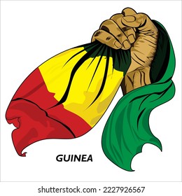Fisted hand holding Guinean flag. Vector illustration of lifted Hand grabbing flag. Flag draping around hand. Scalable Eps format	