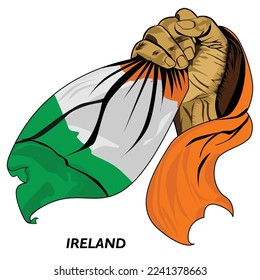 Fisted hand holding Irish flag. Vector illustration of Hand lifted and grabbing flag. Flag draping around hand. Eps format