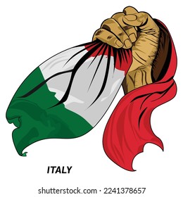 Fisted hand holding Italian flag. Vector illustration of Hand lifted and grabbing flag. Flag draping around hand. Eps format
