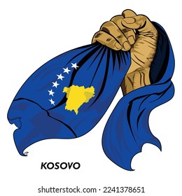 Mano de puño sosteniendo la bandera kosovar. Ilustración vectorial de la mano levantada y agarrando la bandera. Bandera cubriendo la mano. Formato Eps