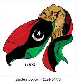 Fisted hand holding Libyan flag. Vector illustration of lifted Hand grabbing flag. Flag draping around hand. Scalable Eps format	