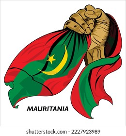 Fisted hand holding Mauritanian flag. Vector illustration of lifted Hand grabbing flag. Flag draping around hand. Scalable Eps format	