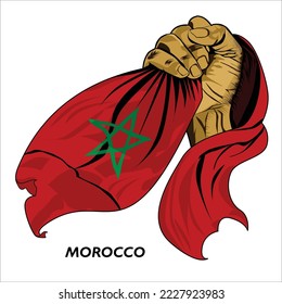 Fisted hand holding Moroccan flag. Vector illustration of lifted Hand grabbing flag. Flag draping around hand. Scalable Eps format	