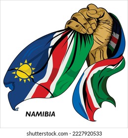 Fisted hand holding Namibian flag. Vector illustration of lifted Hand grabbing flag. Flag draping around hand. Scalable Eps format	