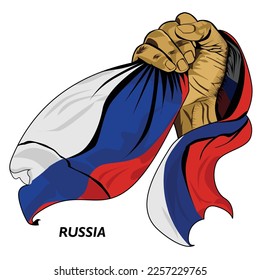 Fisted hand holding Russian flag. Vector illustration of Hand lifted and grabbing flag. Flag draping around hand. Editable and scalable Eps format