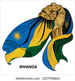 Fisted hand holding Rwandan flag. Vector illustration of lifted Hand grabbing flag. Flag draping around hand. Scalable Eps format	