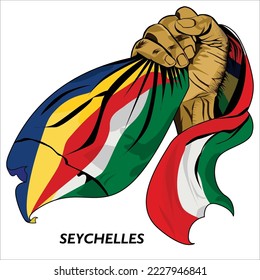 Fisted hand holding Seychellois flag. Vector illustration of lifted Hand grabbing flag. Flag draping around hand. Scalable Eps format	