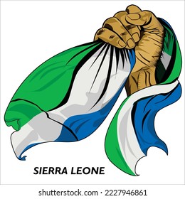 Fisted hand holding SIERRA Leonean flag. Vector illustration of lifted Hand grabbing flag. Flag draping around hand. Scalable Eps format	