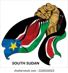 Fisted hand holding South Sudanese flag. Vector illustration of lifted Hand grabbing flag. Flag draping around hand. Scalable Eps format	
