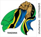 Fisted hand holding Tanzanian flag. Vector illustration of lifted Hand grabbing flag. Flag draping around hand. Scalable Eps format	