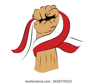 fisting hand, holding indonesia red and white flag, vector hand draw sketch
