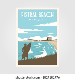 Fistral Beach Surf Vintage Poster Illustration Design, Surf Poster Design