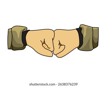 Os punhos batem o gesto que representa amizade, luta, luta, acordo, colaboração e trabalho em equipe. O estilo é de desenho animado e divertido.
