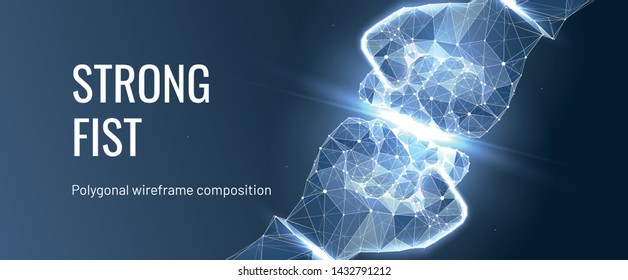 Fists clash. Geometric polygon wireframe style.Concept rivalry or competitors or team or partners. Starry sky or constellation fist. Abstract fists isolated on blue background. Plexus lines and points