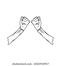 fists clenched against each other line art black and white vector illustration