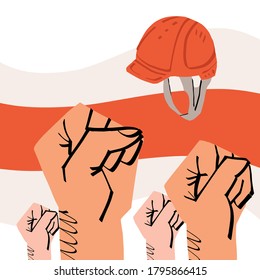 Los puños de la multitud y el hombre trabajando duro sombrero sobre el fondo de la vieja bandera de Bielorrusia. Protesta por los derechos humanos y la justicia electoral presidencial, excluyendo el concepto. Ilustración vectorial.
