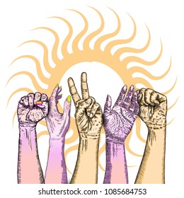 Fists hands up concept of unity, revolution, fight, cooperation. Teamwork, yes you can symbol with space for text Vector.