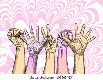 Fists hands up concept of unity, revolution, fight, cooperation. Teamwork, yes you can symbol with space for text Vector.