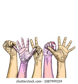 Fists hands up concept of unity, revolution, fight, cooperation. Teamwork, yes you can symbol with space for text Vector.