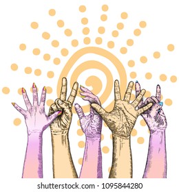 Fists hands up concept of unity, revolution, fight, cooperation. Teamwork, yes you can symbol with space for text Vector.