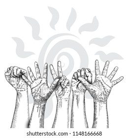 Fists hands up concept of unity, revolution, fight, cooperation. Teamwork, yes you can symbol with space for text Vector.