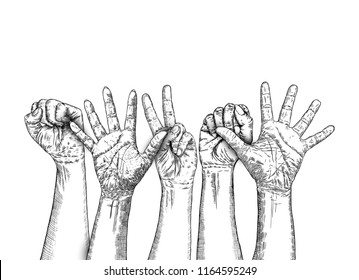 Fists hands up concept of unity, revolution, fight, cooperation. Teamwork, yes you can symbol with space for text Vector.