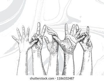 Fists hands up concept of unity, revolution, fight, cooperation. Teamwork, yes you can symbol with space for text Vector.
