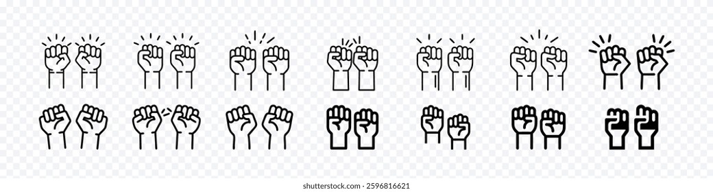 Fists hands up icon, Raised Fists Icon Symbolizing Worker Empowerment, Labor Rights, and Social Justice, Girl power thin line icon