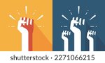 Fists hands up power pump icon old retro vector graphics illustration, strong crowd people protest revolution, rebel union win, solidarity rights fight poster, courage team, riot raised clenched palm