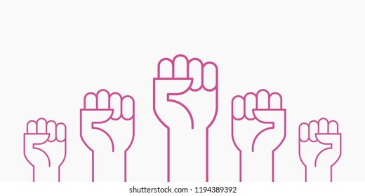 Fists hands up vector illustration. Breast cancer awareness month. Pink color. Flat outline design.