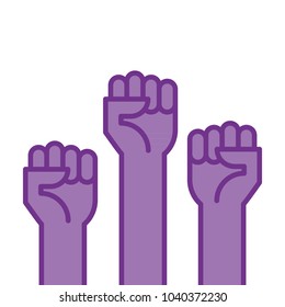 Fists hands up vector illustration. Concept of unity, revolution, fight, cooperation. Flat outline design.
