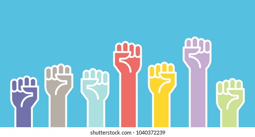 Fists hands up vector illustration. Concept of unity, revolution, fight, cooperation. Flat outline design.