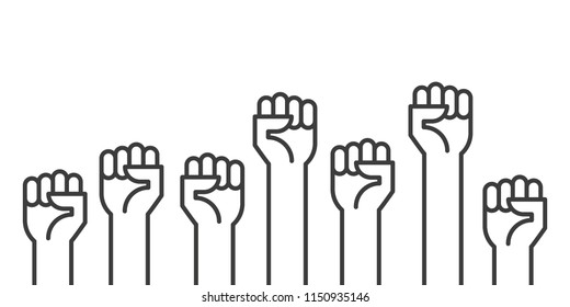 Fists hands up vector illustration. Concept of unity, revolution, fight, cooperation. Flat outline design.