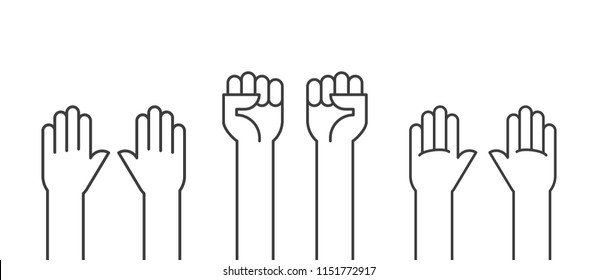 Fists hands up vector illustration. Concept of unity, revolution, fight, cooperation. Flat outline design.