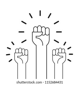 Fists hands up vector illustration. Concept of unity, revolution, fight, cooperation. Flat outline design.