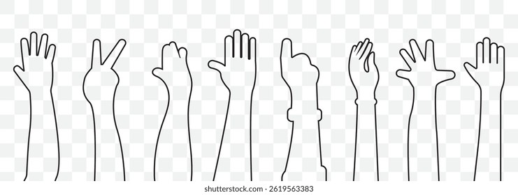 Fists hands up vector illustration. Concept of unity, revolution, fight, cooperation. Flat outline design. Illustration of people raising hand on Transparent Background. EPS 10.