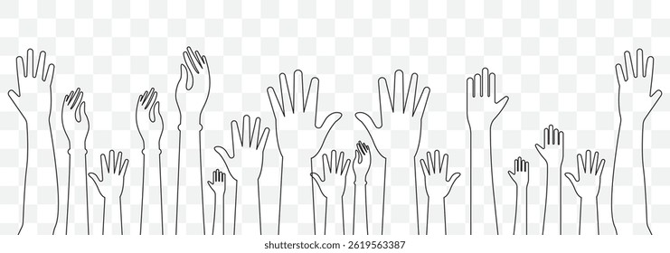 Fists hands up vector illustration. Concept of unity, revolution, fight, cooperation. Flat outline design. Illustration of people raising hand on Transparent Background. EPS 10.
